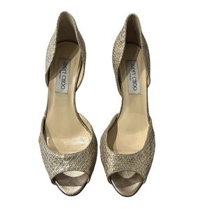 Jimmy Choo Logan Gold Glitter Peep-Toe Pumps Size 37